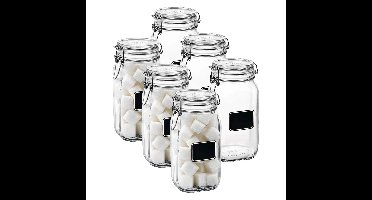 Voorraad/weckpot - 6x - transparant - glas - 22 x 10,6 cm - 1,5 L - krijtplaatje - Bormioli Rocco