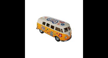 VW model T1 auto busje - hippie style - geel - 12 cm - terugtrek motor