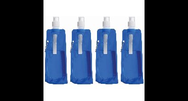 Waterfles / drinkfles opvouwbaar - 4x - blauw - kunststof - 400 ml - schroefdop - en ophanghaak