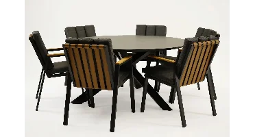 Tuintafel Rotonda met 6 Leather antraciet stoelen