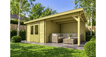 Classicline Blokhut Gelderland 300x250 cm + overkapping 250 cm vuren groen geïmpregneerd