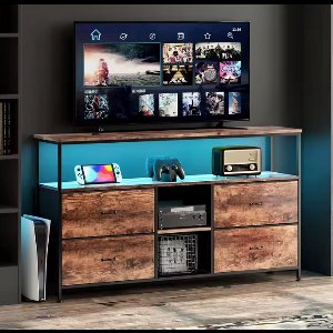 Industriële TV Meubel – 108 cm – Vintage Hout & Metaal – TV Kast met 4 Lades & Open Vakken – TV Meubel met LED Verlichting – TV Meubel voor 55 inch TV