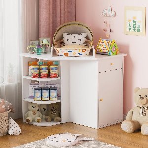 Hoek-luiertafel met afneembaar luieropzetstuk en open vakken - Veelzijdige babymeubel 85 x 85 x 86,5 cm
