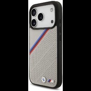 BMW iPhone 17 Pro Max Backcover hoesje - MagSafe - PU Leather Case With Tricolor Slanted Stripes & Metal Logos - Grijs