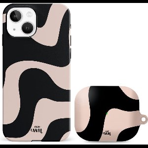 xoxo Wildhearts telefoonhoesje geschikt voor iPhone 14 Plus met AirPods Pro (2) hoesje - set - Ride With Me - Double Layer - Telefoonhoesje met dubbele beschermlaag - Golvend patroon case - Zwart en beige
