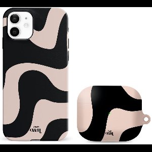 xoxo Wildhearts telefoonhoesje geschikt voor iPhone 11 met AirPods Pro (2) hoesje - set - Ride With Me - Double Layer - Telefoonhoesje met dubbele beschermlaag - Golvend patroon case - Zwart en beige