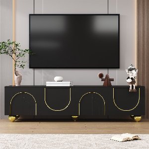Re-purelife® Zwart TV Meubel met Luxe Gouden Accenten - TV Kast/Lowboard met Veel Opbergruimte 170x38x44 cm met 4 Push-to-Open Deuren - Woonkamer Opbergkast