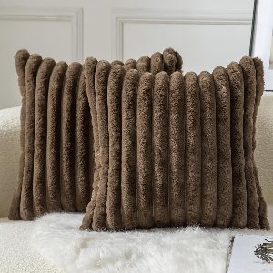 Inovra - Faux Fur Gestreepte Kussenhoezen - Zacht en Pluizig - Set van 2 - 30cm x 50cm en 45x45cm - Donkerbruin - Woonkamer Slaapkamer Bankstellen