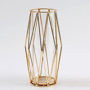 Allecto Premium - Glasvaas met Geometrische Metalen Standaard voor Hydroponische Planten, Pampasgras en Rozen - Elegante Tafeldecoratie voor Thuis en Bruiloft - 28 cm - Goud.