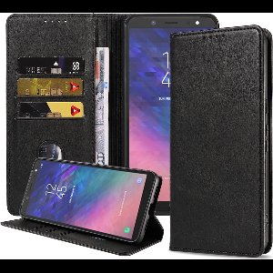 Smartphonica Samsung Galaxy A6 2018 kunstleren hoesje met magnetische sluiting en pashouders book case - zwart geschikt voor Samsung Galaxy A6 (2018)