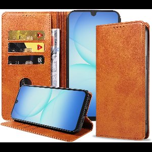 Geschikt voor Samsung Galaxy A17 Telefoonhoesje Kunstleer met Magnetische sluiting en Pasjeshouder Bookcase met Klepje - Walletcase with Cardslot - Bruin - Smartphonica geschikt voor Samsung Galaxy A17