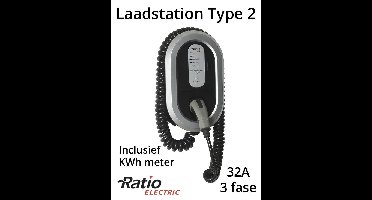 EV Laadstation type 2, 32A, 3 fase, laadkabel spiraal + KWh meter