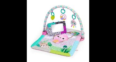 BRIGHTS STARTS Klein roze opvouwbaar babyspeelkleed, speelboog, 5 babyspeeltjes, spiegel, kaarten, telraam en bijtring