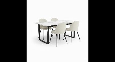 Tilst eethoek eettafel wit marmer print en 4 stoelen fluweel beige.