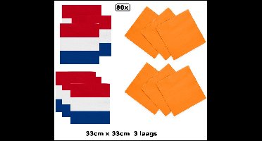 80x Servet oranje en rood/wit/blauw 33cmx33cm - 3 laags - Luxe Servet diner eten knoeien restaurant Nederland WK 2026 Koningsdag BBQ thema feest verjaardag feest