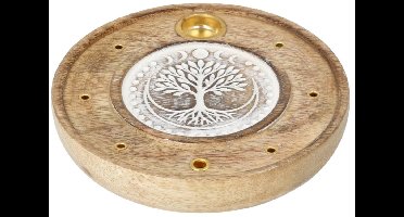 Ronde Wierookhouder Levensboom Mangohout Whitewash - Ø10 cm