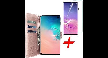 Hoesje geschikt voor Samsung Galaxy S10 - Screen Protector FlexGuard - Book Case Kunstleer Pasjeshouder Rosegoud & Screenprotector