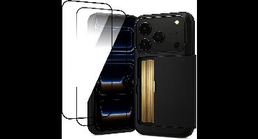 Hoesje met Pasjeshouder geschikt voor iPhone 17 Pro Max - 2x Screen Protector FullGuard - Back Cover SlideCase Zwart & Screenprotector