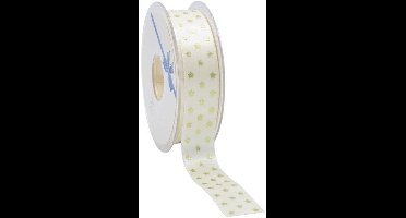 Satijnlint Ivoor Goudkleurige Sterretjes – 15 mm × 25 m – Satijn
