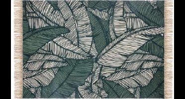 Vloerkleed groen beige bladmotief - jungle vloerkleed katoen met franjes -
