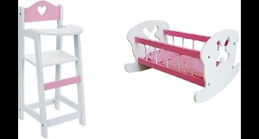 Poppen Kinderstoeltje Hout Wit met Roze -HARTJE en een Poppenbedje hout wit met roze inclusief bekleding  2 voor de prijs van 1