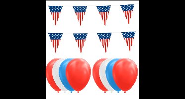 USA- 2x Vlaggenlijn 10 meter + 20 ballonnen rood/wit/blauw - Versiering Slinger Feestdecoratie Decoratie