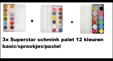 Superstar schmink palet - 3x 12 pastel kleuren voor themafeest & festival