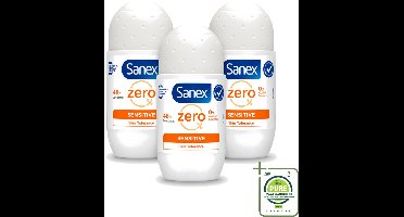 3 x Sanex - Deodorant - Roller - Zero% - Sensitive - Zonder Alcohol & Parabenen - 50 ml - Grootverpakking - Deodorant Zonder Alcohol - Deodorant Zonder Parabenen - Gevoelige Huid - Milde Deodorant - Langdurige Bescherming
