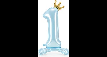 Partydeco - Staande folieballon Cijfer 1 Sky-Blue met kroon 84 cm