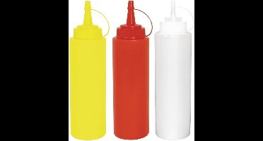 Sausfles - Set van 3 sausflessen - 0,69L - Transparant/ Geel / Rood - Portioneerflessen/ Knijpflessen