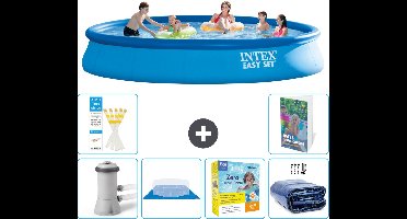Intex Rond Opblaasbaar Easy Set Zwembad - 457 x 84 cm - Blauw - Inclusief Pomp - Grondzeil - Onderhoudspakket - Solarzeil - 7-delig