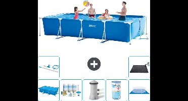 Intex Rechthoekig Frame Zwembad - 450 x 220 x 84 cm - Blauw - Inclusief Solarzeil - Onderhoudspakket - Zwembadfilterpomp - Filter - Grondzeil - Schoonmaakset - Solar Mat - 8-delig