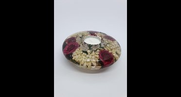 Glazen waxine lichthouder met bloemen- rode rozen handgemaakt