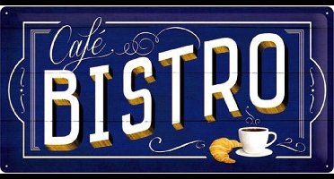 Cafe Bistro.  Metalen wandbord in reliëf 25 x 50 cm.