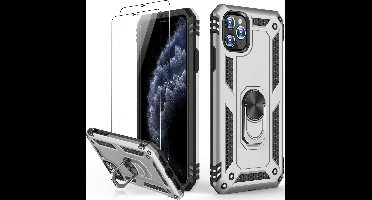 Telefoonhoesje Geschikt voor: iPhone 12 Pro Max hoesje Schokbestendige ring armor met 2X Glas Screenprotector zilver