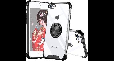 Hoesje Geschikt voor iPhone 7 Plus hoesje silicone met ringhouder Back Cover case - Transparant/Zwart