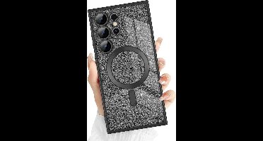 Hoesje Geschikt Voor Samsung Galaxy S24 Ultra Magsafe hoesje Zwart- Lens beschermer glitter backcover