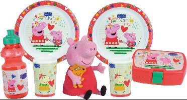 Serviesset - FUN HOUSE - PEPPA PIG - 2 soepborden Ø 22 cm, 2 glazen 220 ml, waterfles 350 ml, snackbox en knuffel 17 cm