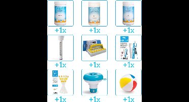 Zwembad Onderhoudspakket - Onderhoud Zwembad - bevat Chloor - PH-min - PH-plus - Thermometer - Scrubborstel - Reparatiesetje - Testrips - Chloordrijver en Strandbal (9-delig)