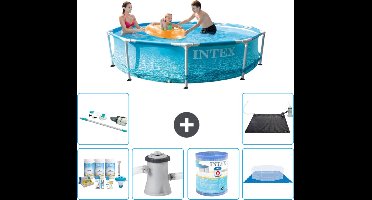 Intex Rond Frame Zwembad - 305 x 76 cm - Waterprint - Inclusief Onderhoudspakket - Zwembadfilterpomp - Filter - Grondzeil - Stofzuiger - Solar Mat