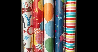 Inpakpapier 5 rollen Happy Birthday STANDAARD 2026 -70x200cm.