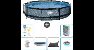 EXIT Rond Stone Frame Zwembad - 360 x 76 cm - Inclusief Pomp - Afdekzeil - Solar Mat - Verlichting - 7-delig