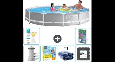 Intex Rond Prism Frame Zwembad - 366 x 76 cm - Grijs - Inclusief Pomp Onderhoudspakket - Solarzeil - Vloertegels - 7-delig