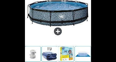 EXIT Rond Stone Frame Zwembad - 360 x 76 cm - Inclusief Pomp Solarzeil - Onderhoudspakket - Grondzeil - Nu extra voordelig