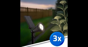 Solar tuinverlichtng pad 'Highlight' - Set van 3 - Koud wit licht (6000K) - 25cm hoog - IP44 - 2 lichtstanden - Prikspots op zonne-energie - Zwart