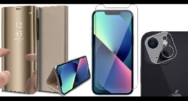 Hoesje geschikt voor iPhone 13 Mini - Spiegel Book Case - Goud - Met Screenprotector en Camera Screen Protector