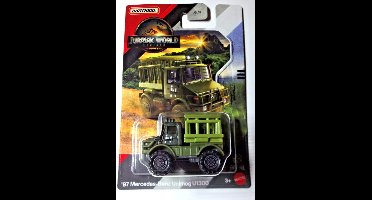 MATCHBOX '97 MERCEDES-BENZ UNIMOG U1300 OFF ROAD WILD LIFE GREEN JURASSIC WORLD 1:64 METAL JGL08 LONG CARD
