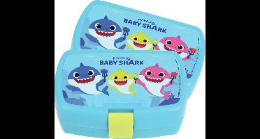 Baby Shark broodtrommel - 2x stuks - 16 x 11 cm - kunststof - lunchtrommel - lunchbox - Lunchdoos kinderen