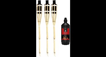 6x stuks bamboe tuinfakkels met oliehouder van 60 cm - Inclusief 1 liter lampenolie/fakkelolie