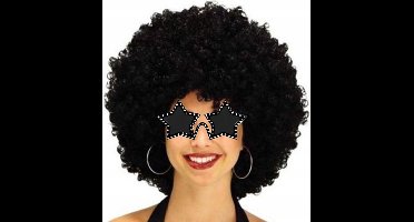 Smiffys Carnaval verkleedset afropruik zwart met sterren bril - Disco/Seventies party thema